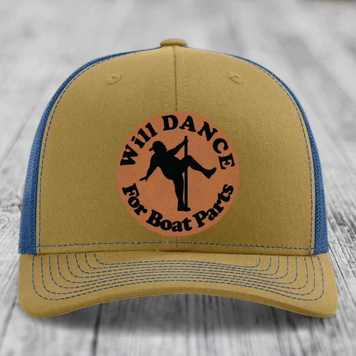 Will Dance For Boat Parts - Leather Patch Hat - Rawhide to Black Patch - Richardson 112 Snapback Trucker Hat