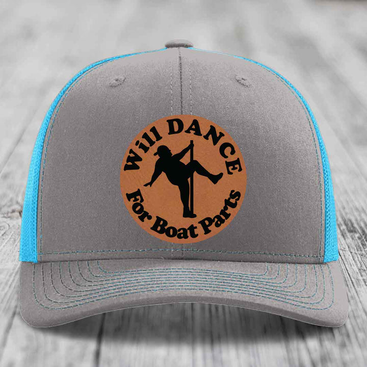 Will Dance For Boat Parts - Leather Patch Hat - Rawhide to Black Patch - Richardson 112 Snapback Trucker Hat