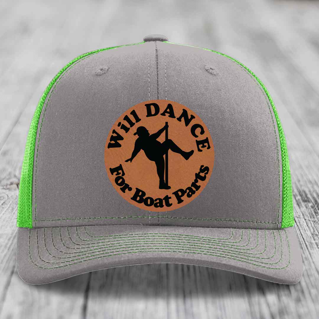 Will Dance For Boat Parts - Leather Patch Hat - Rawhide to Black Patch - Richardson 112 Snapback Trucker Hat