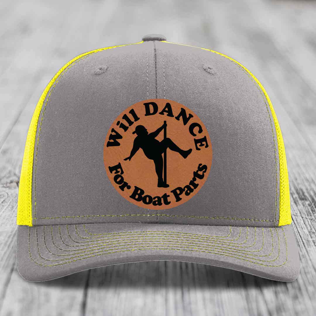 Will Dance For Boat Parts - Leather Patch Hat - Rawhide to Black Patch - Richardson 112 Snapback Trucker Hat