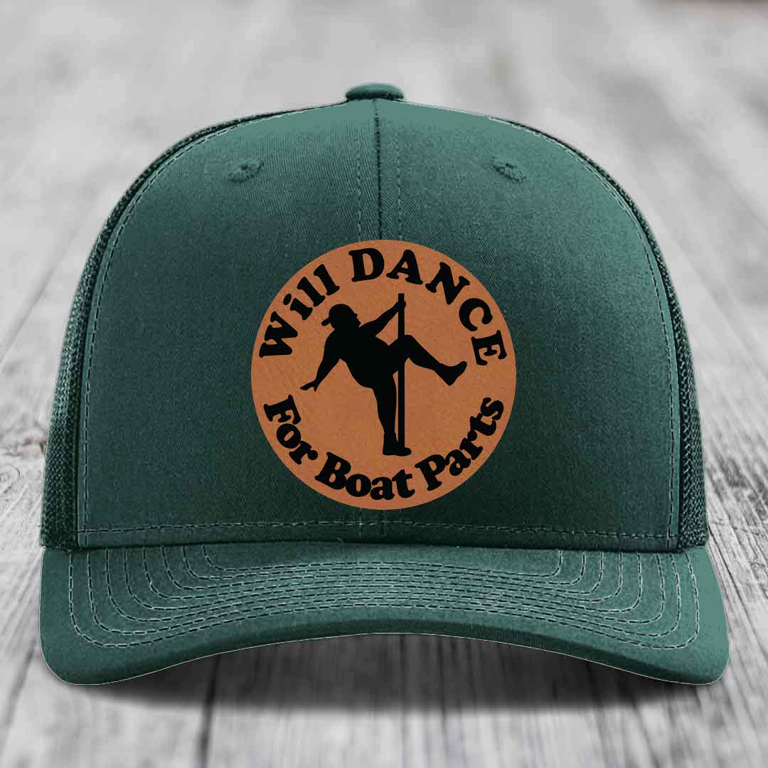 Will Dance For Boat Parts - Leather Patch Hat - Rawhide to Black Patch - Richardson 112 Snapback Trucker Hat