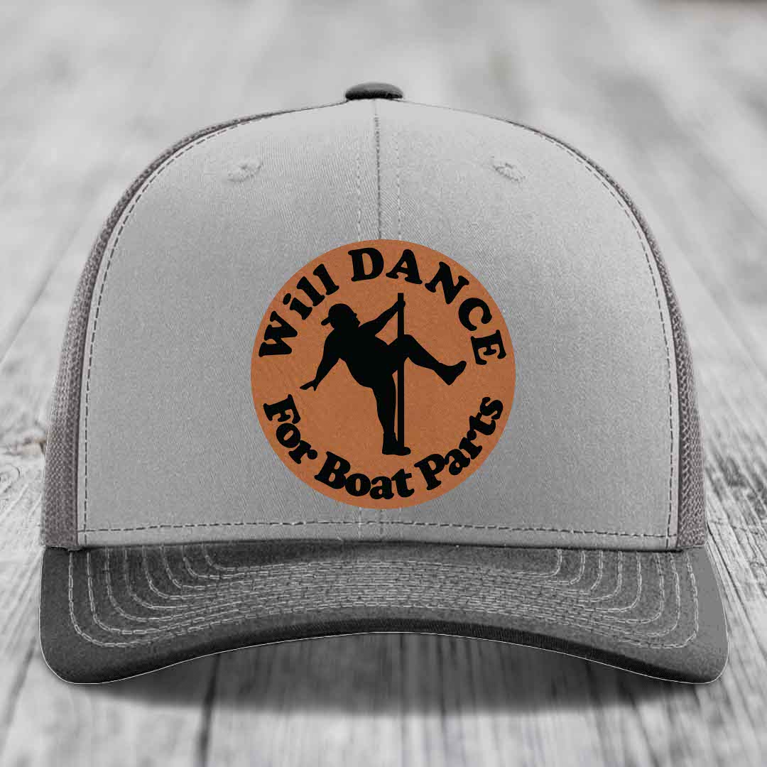 Will Dance For Boat Parts - Leather Patch Hat - Rawhide to Black Patch - Richardson 112 Snapback Trucker Hat