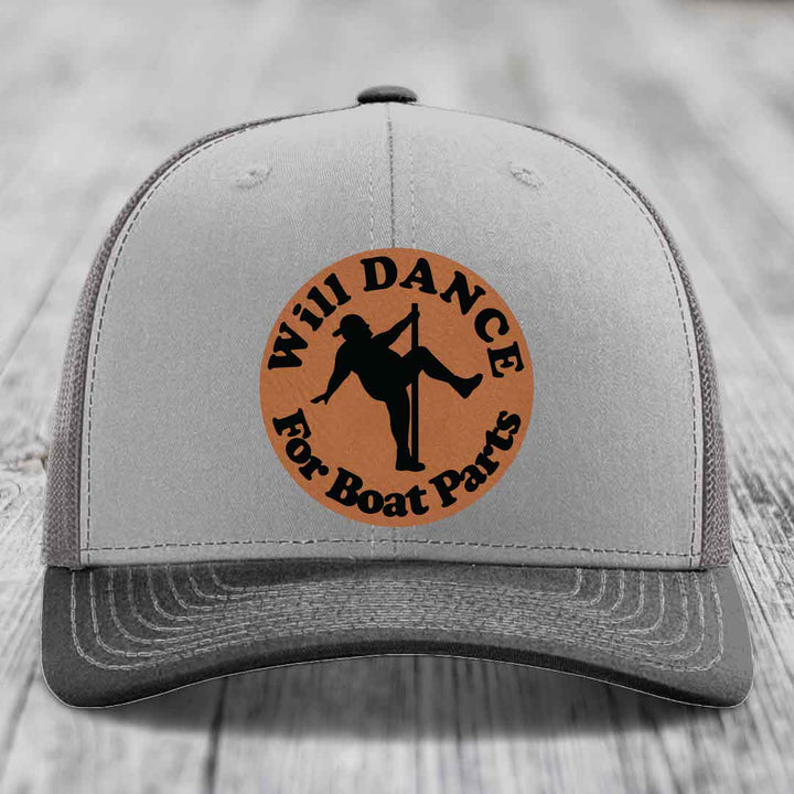 Will Dance For Boat Parts - Leather Patch Hat - Rawhide to Black Patch - Richardson 112 Snapback Trucker Hat