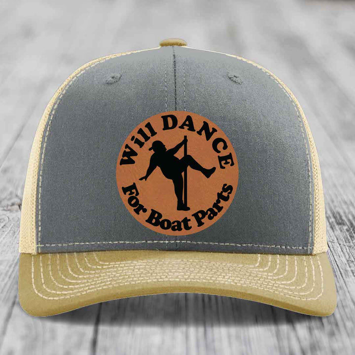 Will Dance For Boat Parts - Leather Patch Hat - Rawhide to Black Patch - Richardson 112 Snapback Trucker Hat