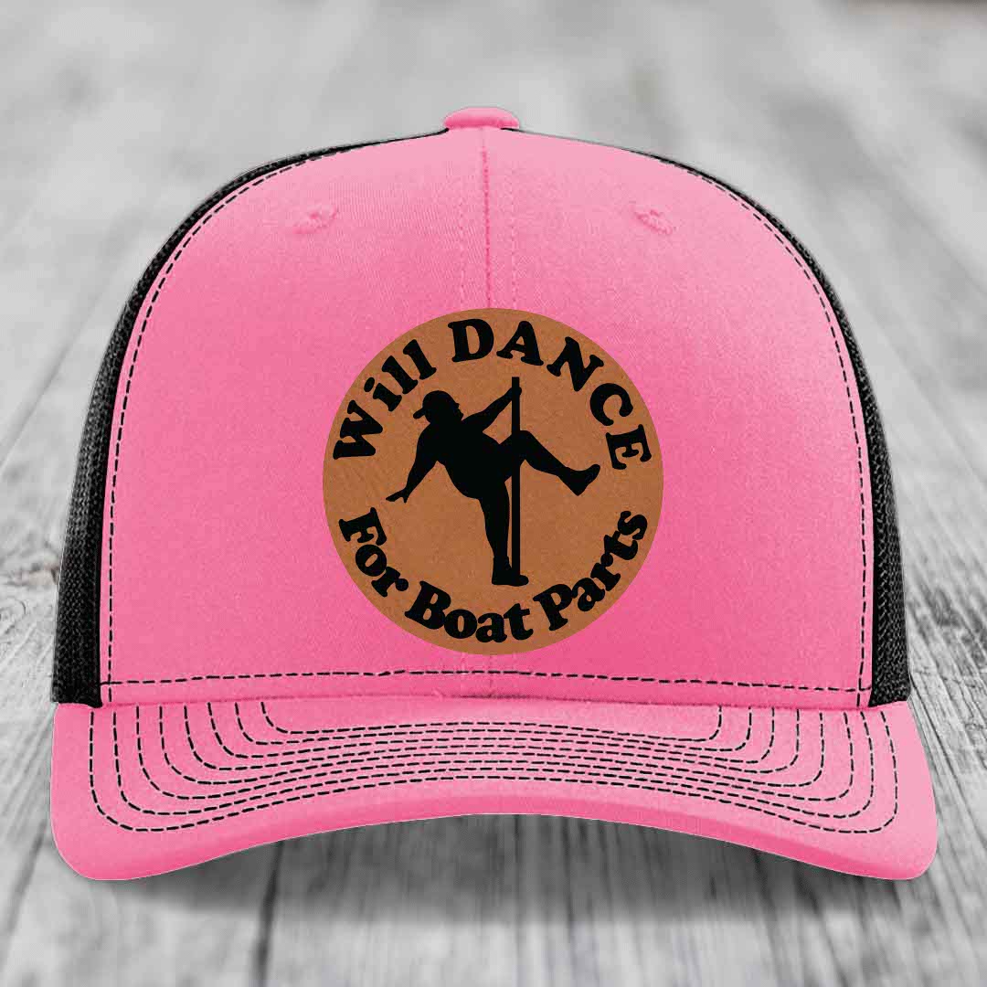 Will Dance For Boat Parts - Leather Patch Hat - Rawhide to Black Patch - Richardson 112 Snapback Trucker Hat