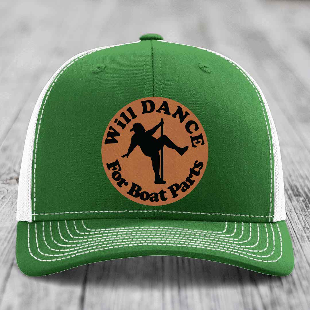Will Dance For Boat Parts - Leather Patch Hat - Rawhide to Black Patch - Richardson 112 Snapback Trucker Hat