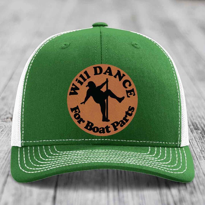 Will Dance For Boat Parts - Leather Patch Hat - Rawhide to Black Patch - Richardson 112 Snapback Trucker Hat