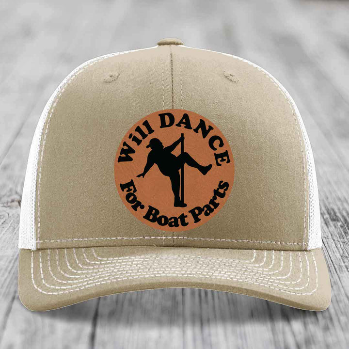 Will Dance For Boat Parts - Leather Patch Hat - Rawhide to Black Patch - Richardson 112 Snapback Trucker Hat