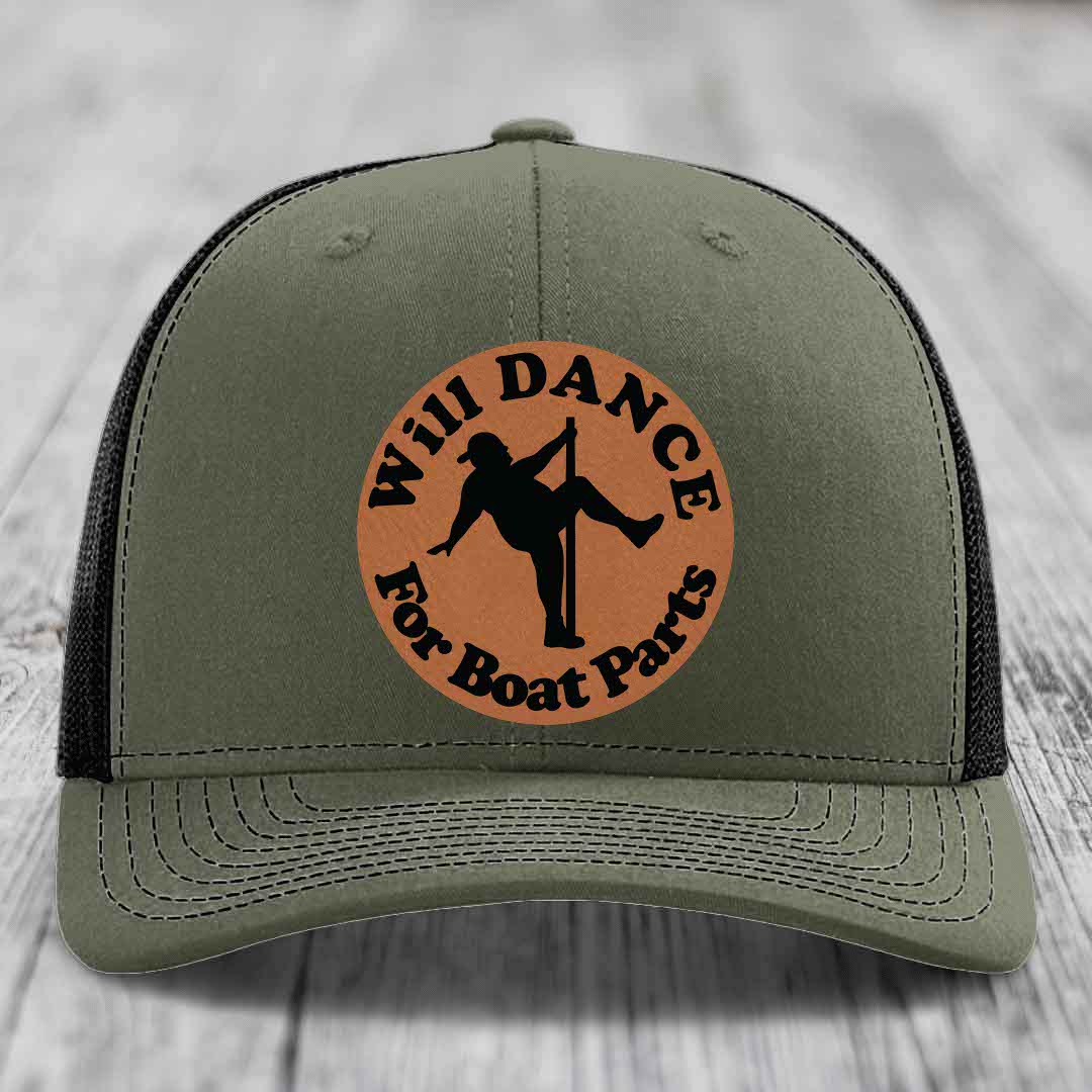 Will Dance For Boat Parts - Leather Patch Hat - Rawhide to Black Patch - Richardson 112 Snapback Trucker Hat