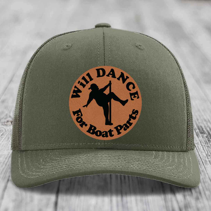 Will Dance For Boat Parts - Leather Patch Hat - Rawhide to Black Patch - Richardson 112 Snapback Trucker Hat