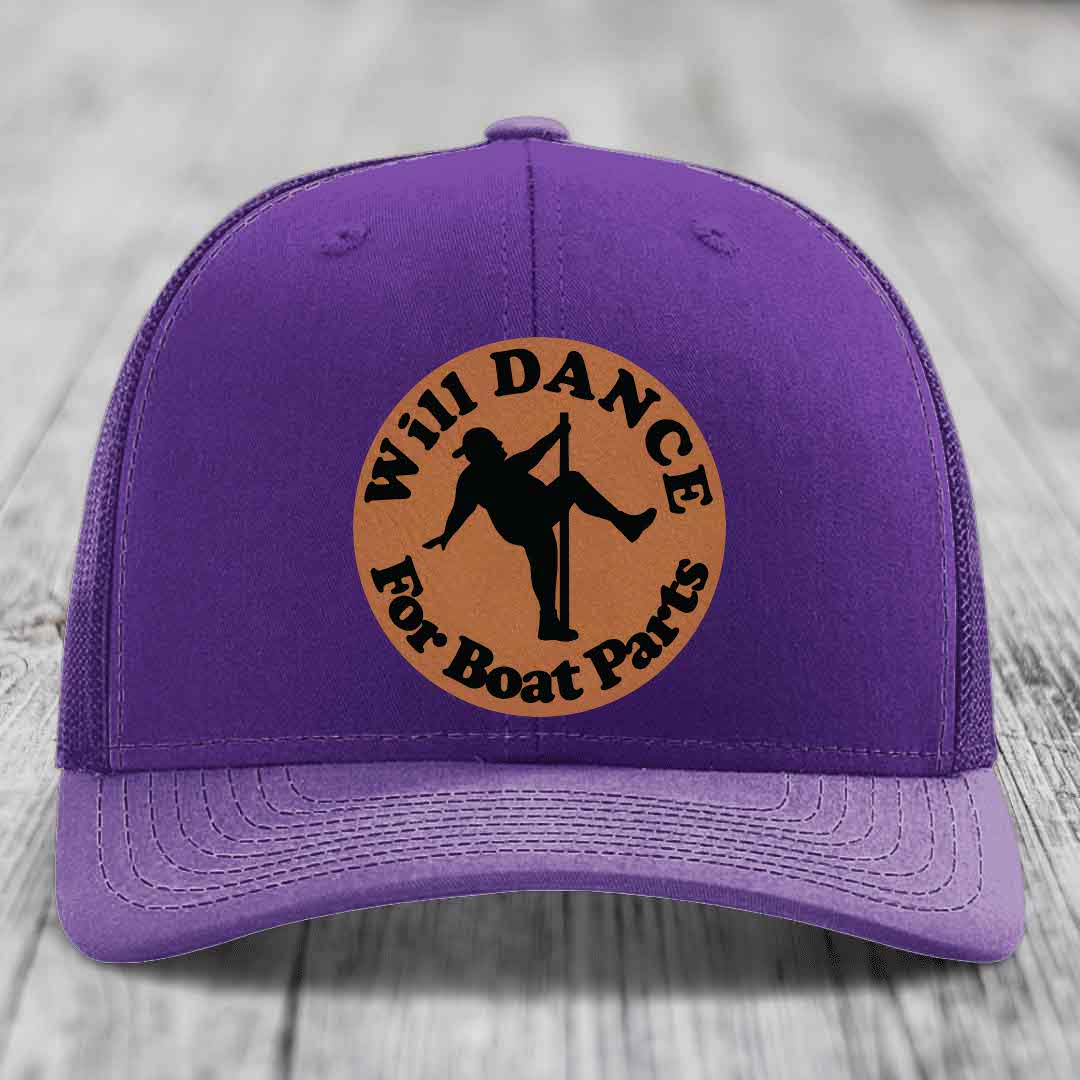 Will Dance For Boat Parts - Leather Patch Hat - Rawhide to Black Patch - Richardson 112 Snapback Trucker Hat