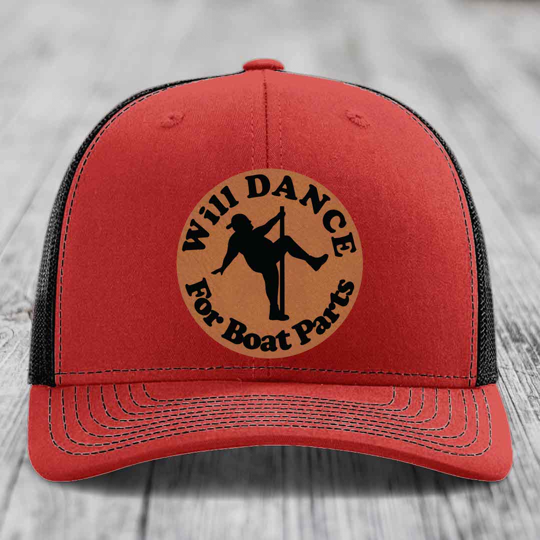 Will Dance For Boat Parts - Leather Patch Hat - Rawhide to Black Patch - Richardson 112 Snapback Trucker Hat