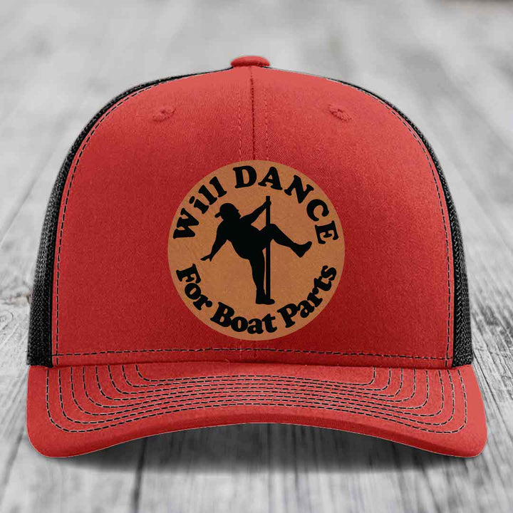 Will Dance For Boat Parts - Leather Patch Hat - Rawhide to Black Patch - Richardson 112 Snapback Trucker Hat
