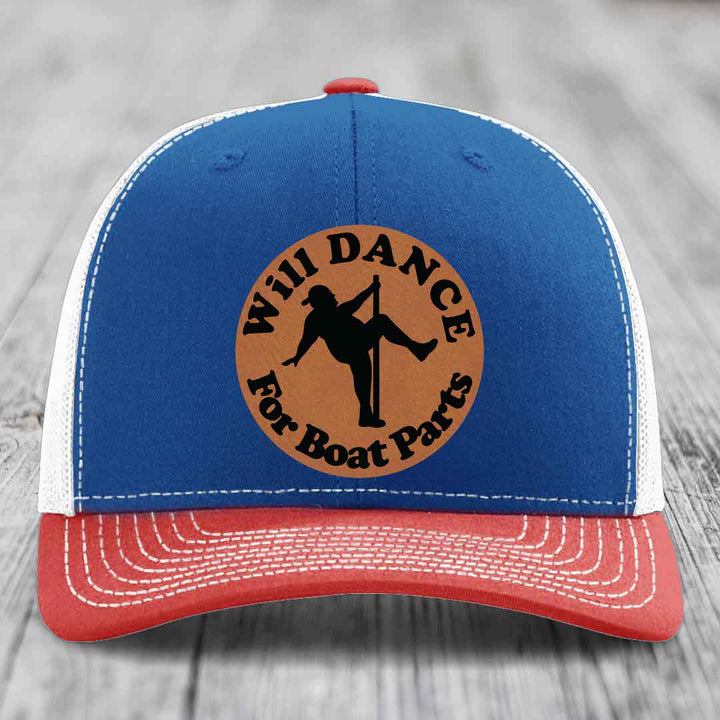Will Dance For Boat Parts - Leather Patch Hat - Rawhide to Black Patch - Richardson 112 Snapback Trucker Hat
