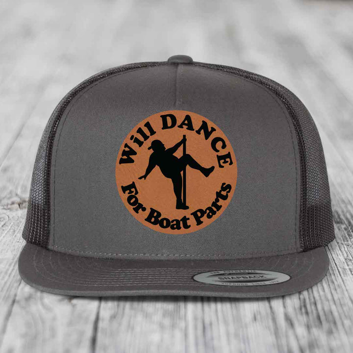 Will Dance For Boat Parts - Leather Patch Hat - Rawhide to Black Patch - Yupoong 6006 Snapback Flatbill Hat