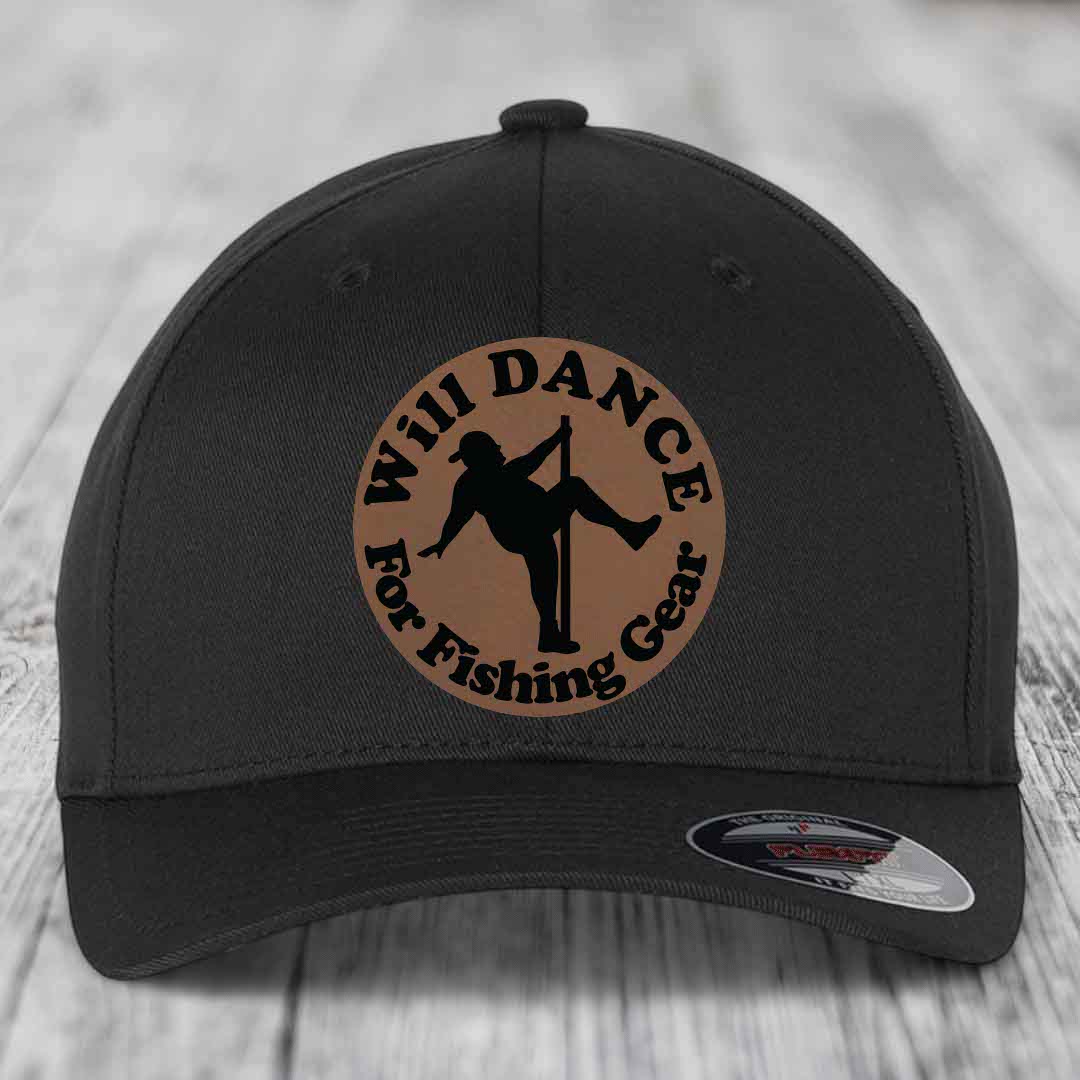 Black baseball cap with circular brown patch featuring a pole dancer silhouette and text &