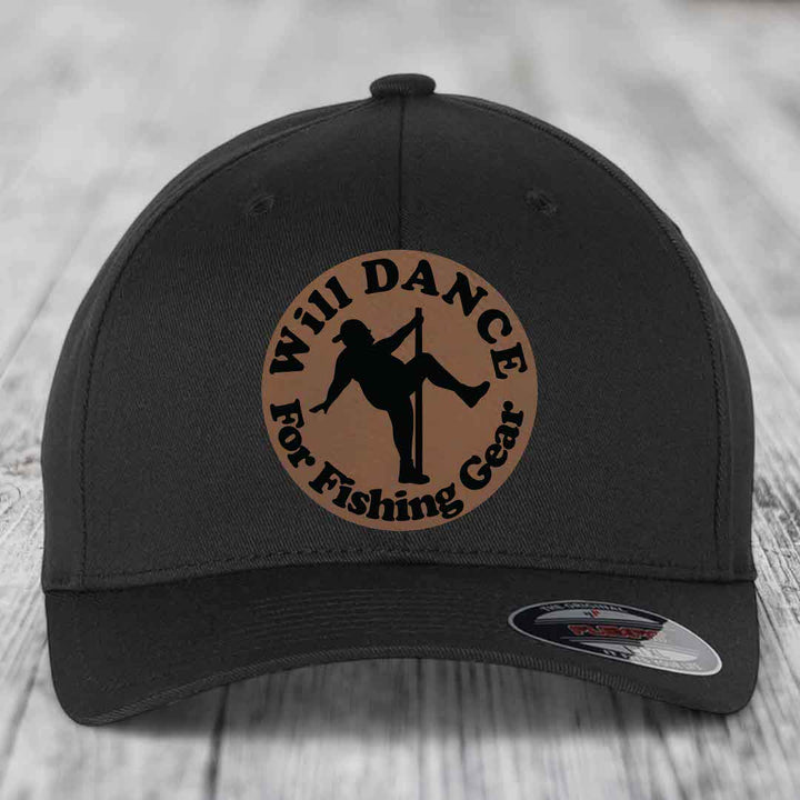 Black baseball cap with circular brown patch featuring a pole dancer silhouette and text &