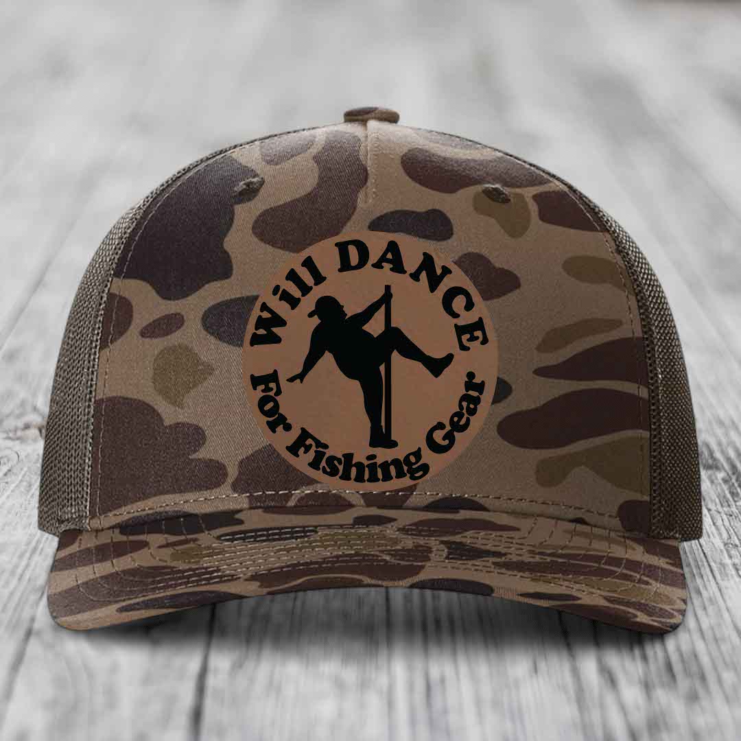 Camouflage trucker hat with circular patch showing pole dancer silhouette and text &