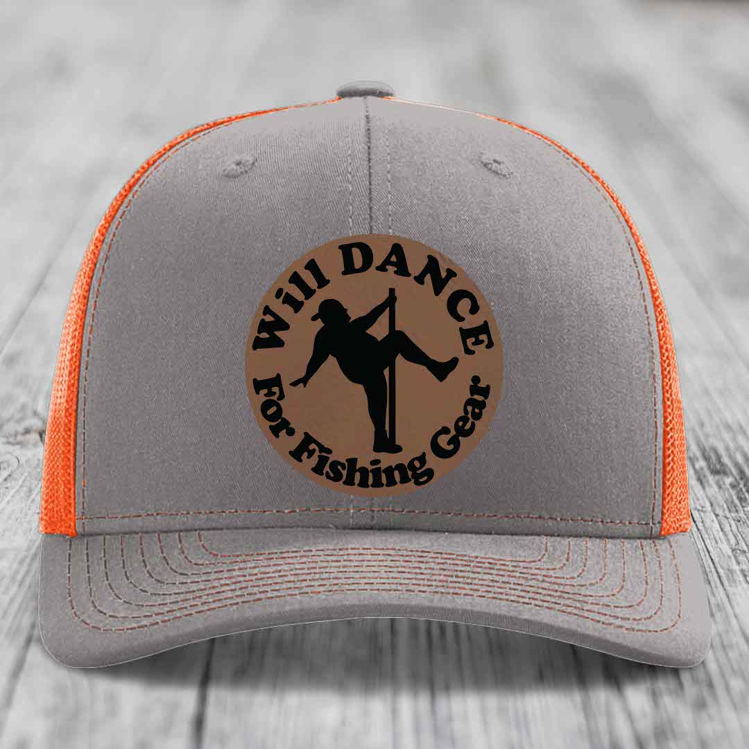 Grey trucker hat with orange mesh back and a brown leather patch that says &