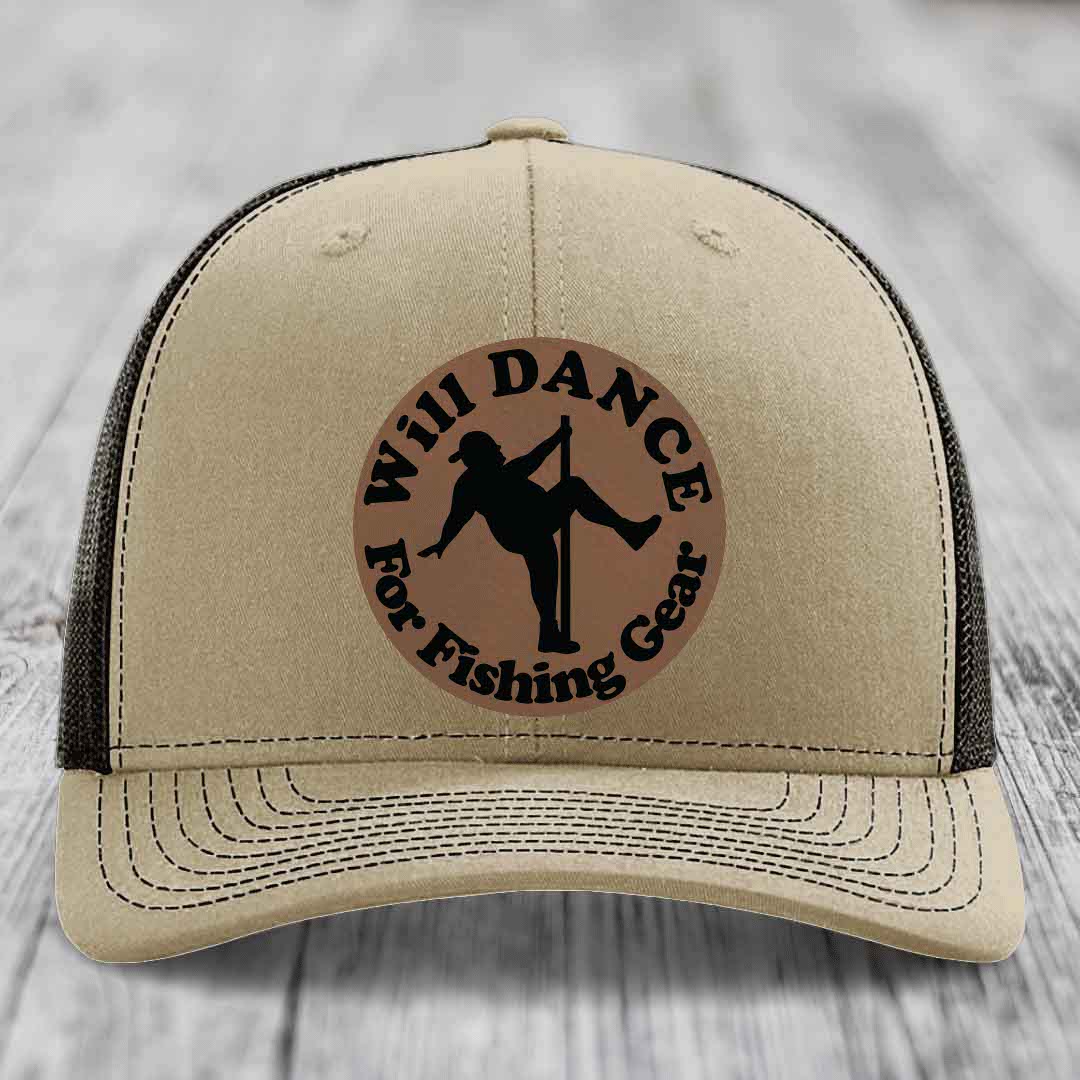 Beige trucker hat with black mesh back and circular brown leather patch reading &