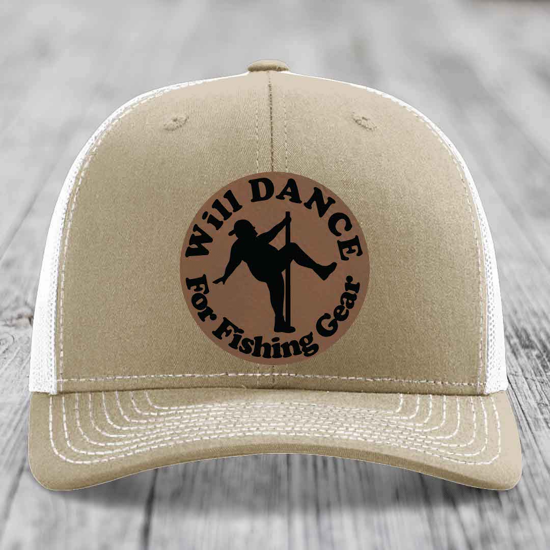 Tan trucker hat with brown circular patch showing silhouette of person pole dancing and text &