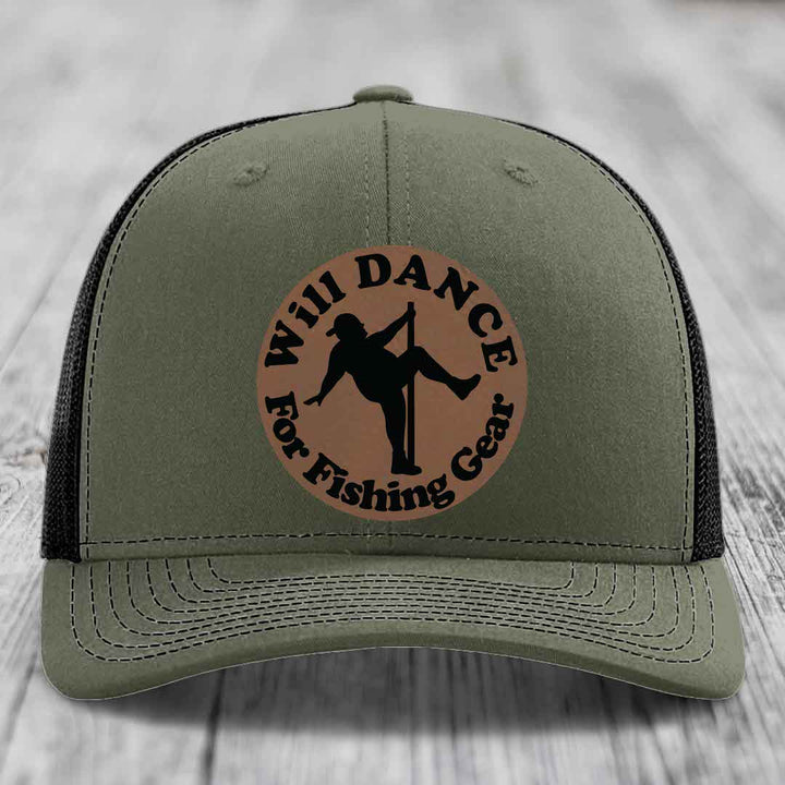 Olive green trucker hat with brown circular leather patch reading &