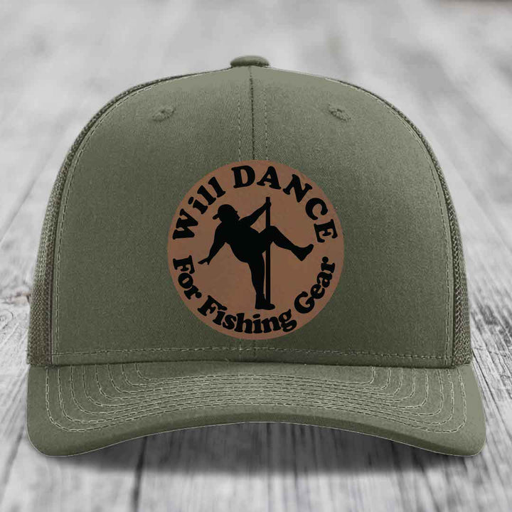 Olive green trucker hat with brown circular leather patch reading &