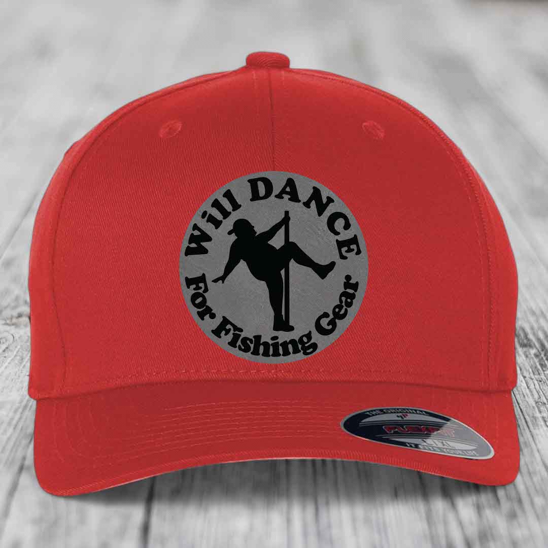 Red baseball cap with circular grey patch featuring black silhouette of dancer and text &