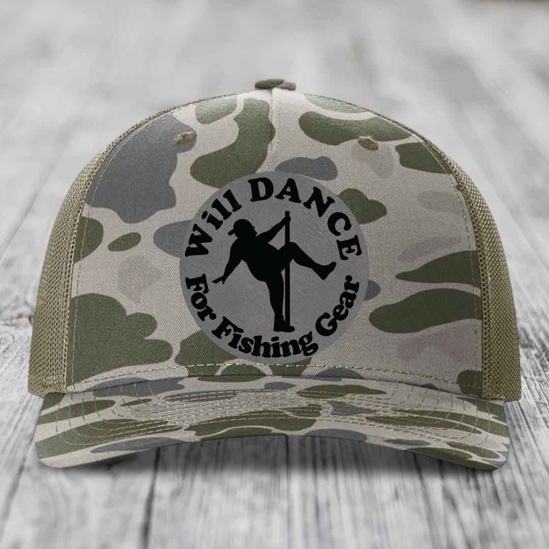 Camouflage trucker hat with black circular patch reading &