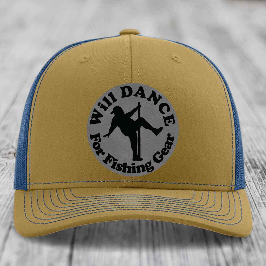 Tan and blue trucker hat with circular patch reading &