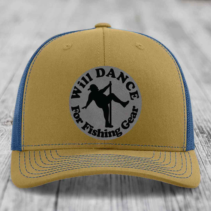Tan and blue trucker hat with circular patch reading &