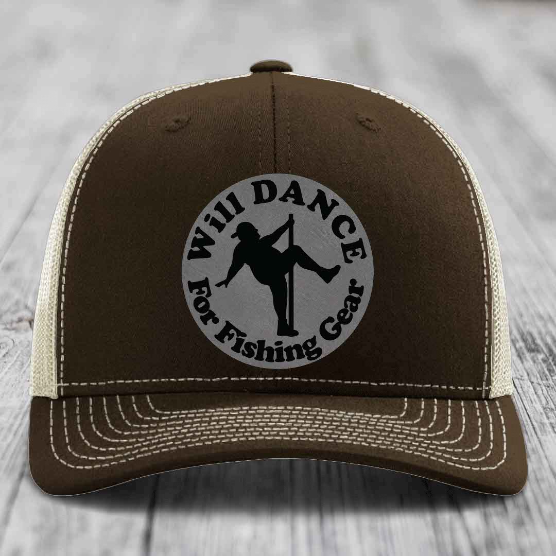 Brown trucker hat with white stitching and a circular patch that says &