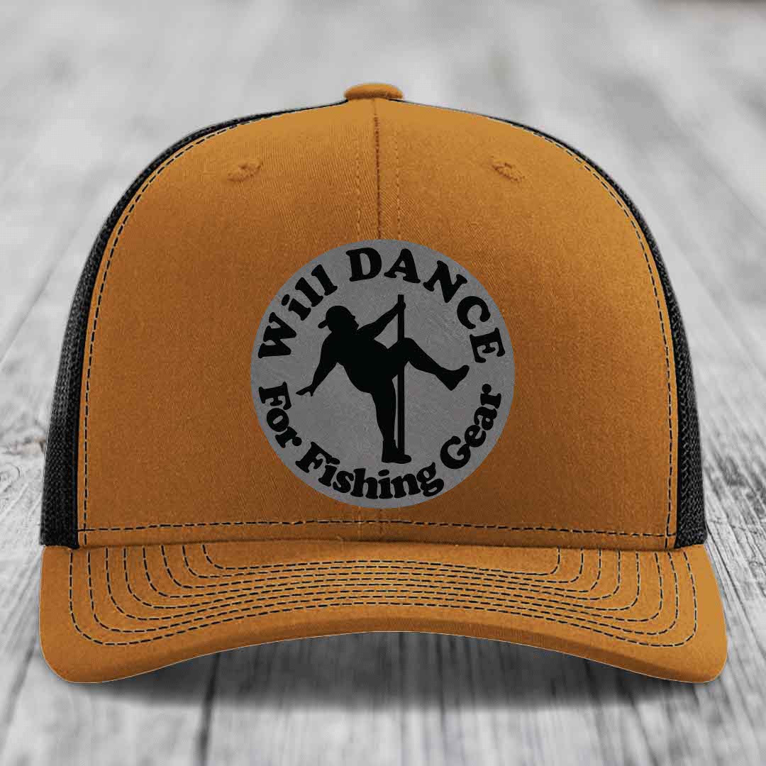 Tan trucker hat with black mesh back and gray circular patch reading &