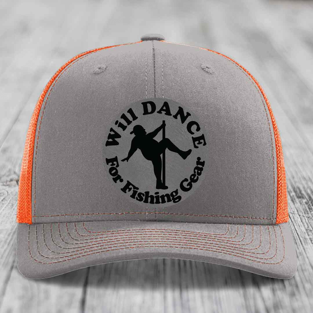 Grey trucker hat with orange mesh back and black embroidered patch reading &