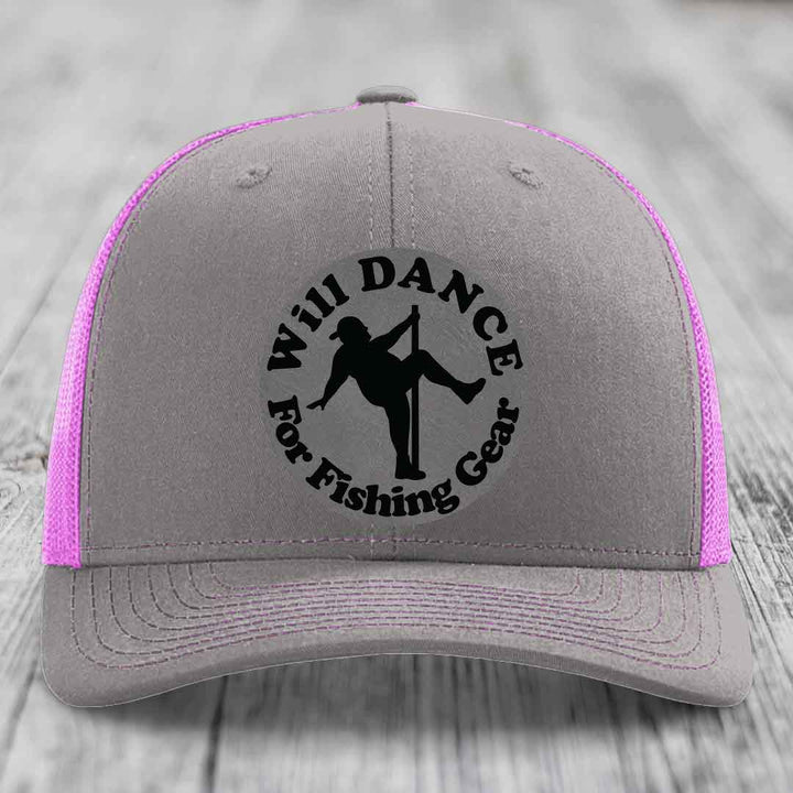 Grey trucker hat with pink mesh back and black embroidered patch reading &