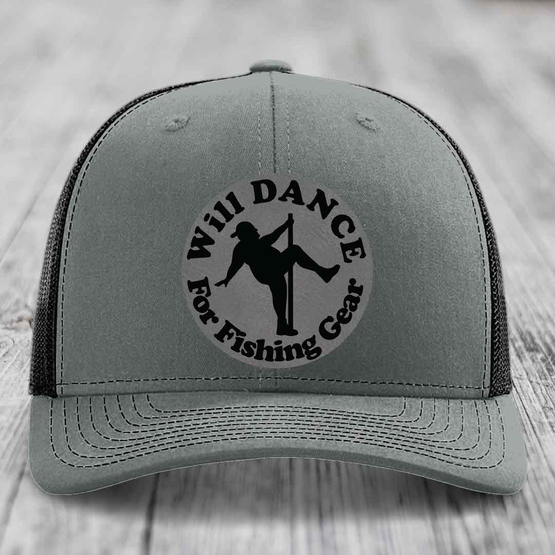 Grey trucker hat with black embroidered patch reading &