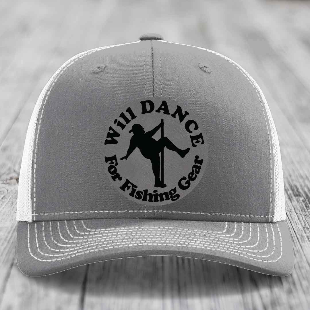 Grey trucker hat with black embroidered patch reading &