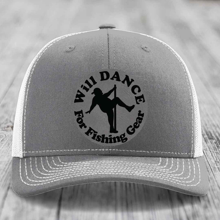 Grey trucker hat with black embroidered patch reading &