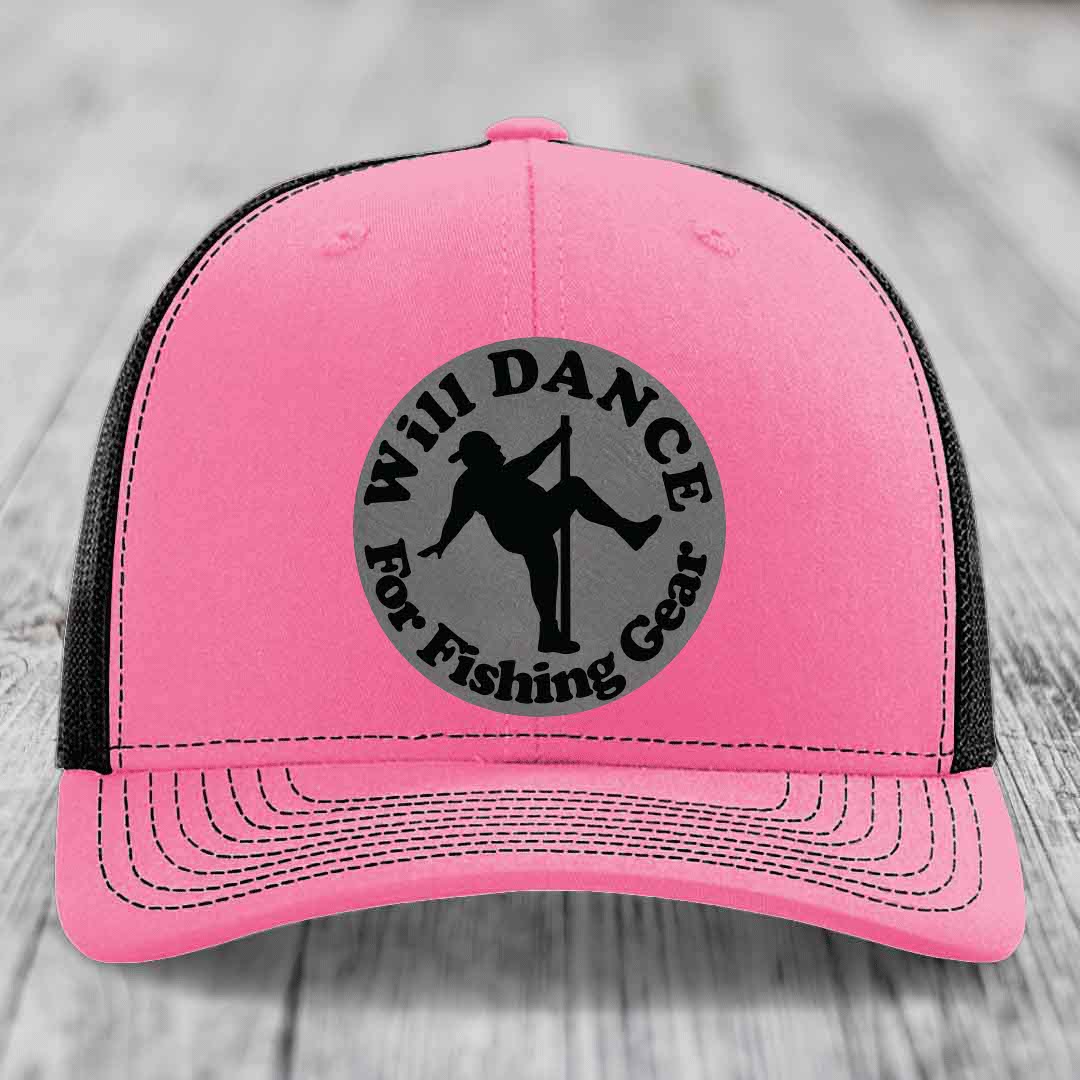 Pink trucker hat with black mesh back and gray circular patch reading &