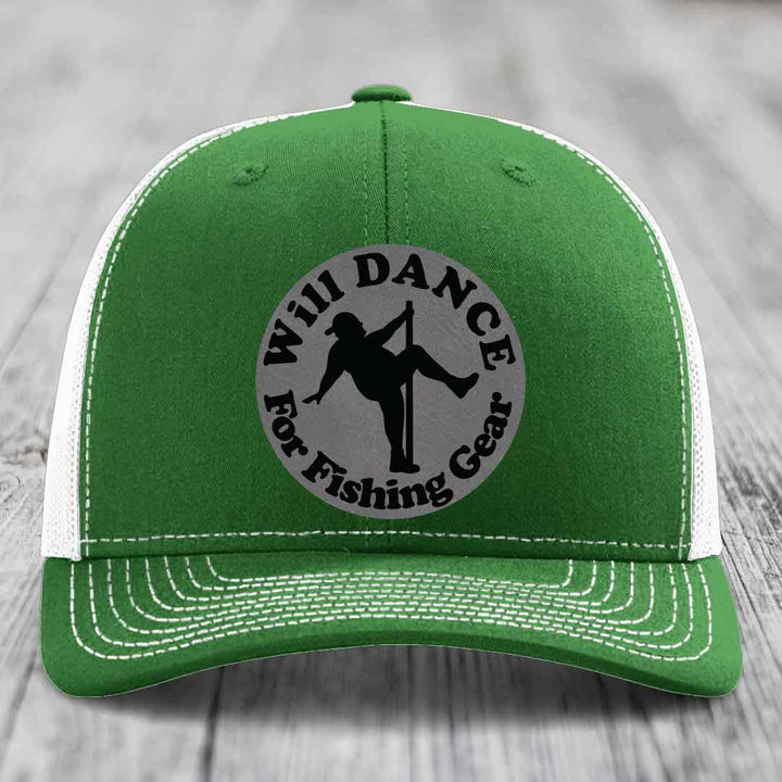 Green trucker hat with white mesh back and stitching, featuring a circular grey patch with black text and silhouette.
