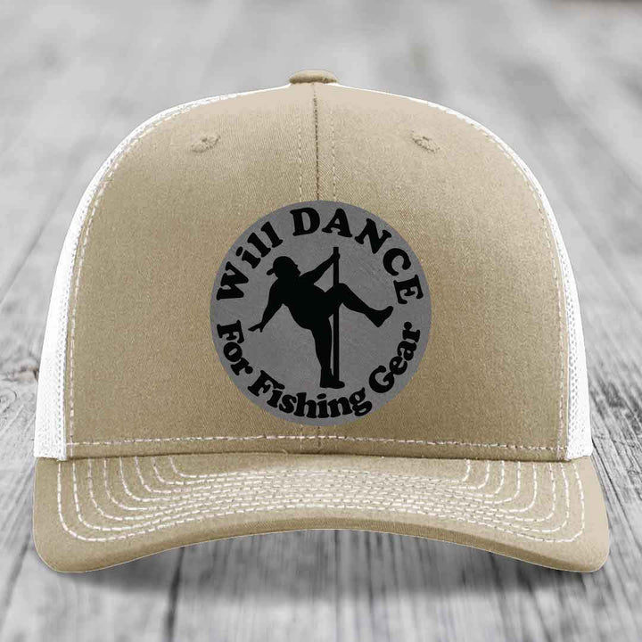 Tan trucker hat with white mesh back and embroidered circular patch reading &