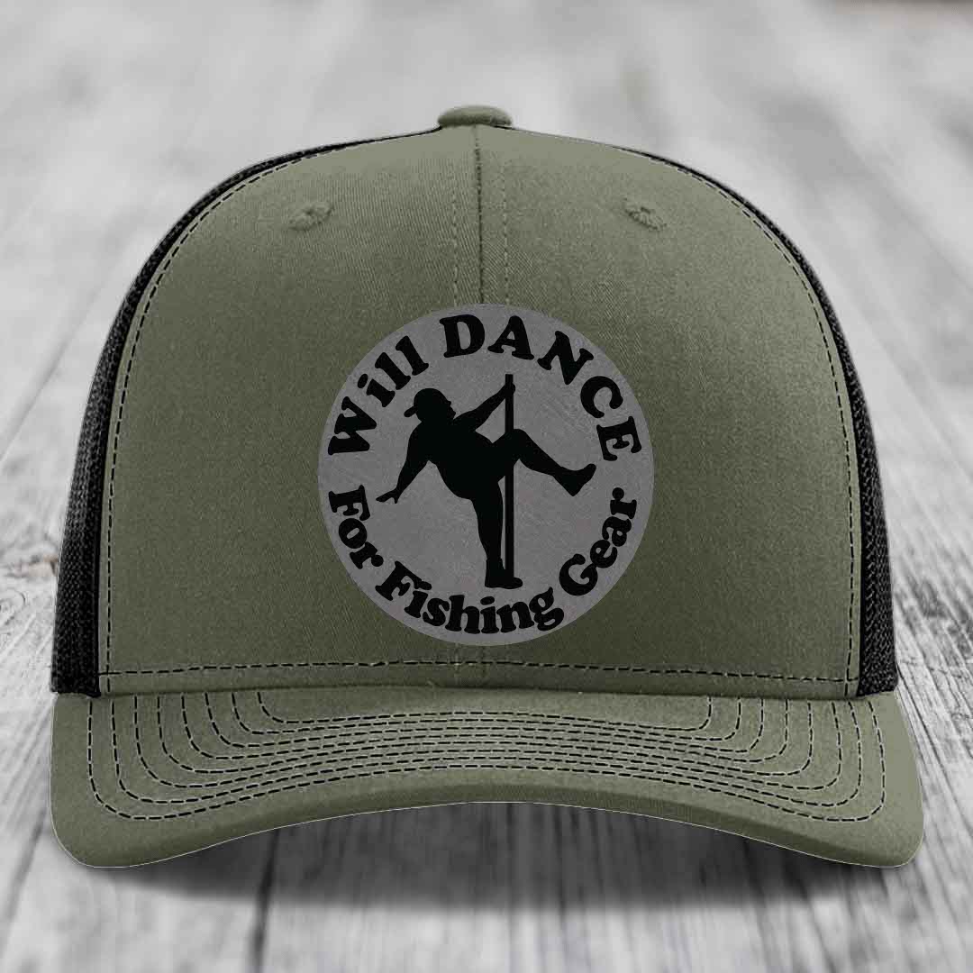 Olive green trucker hat with black mesh back and a circular patch that reads &