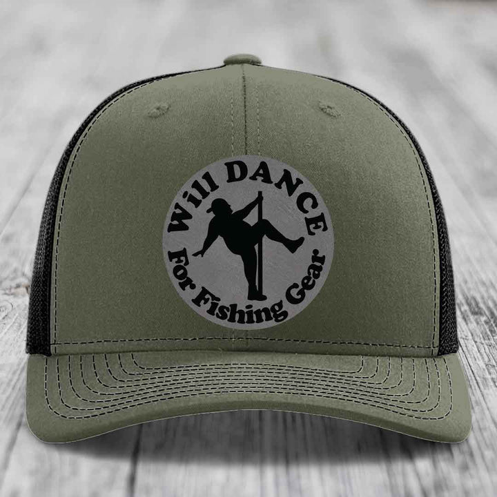 Olive green trucker hat with black mesh back and a circular patch that reads &