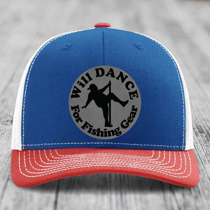 Blue and red trucker hat with white stitching and a circular patch that reads &