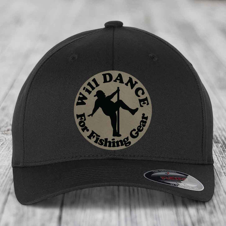 Black baseball cap with circular beige patch reading &