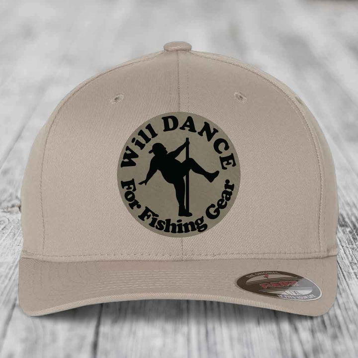 Beige baseball cap with black circular patch reading &