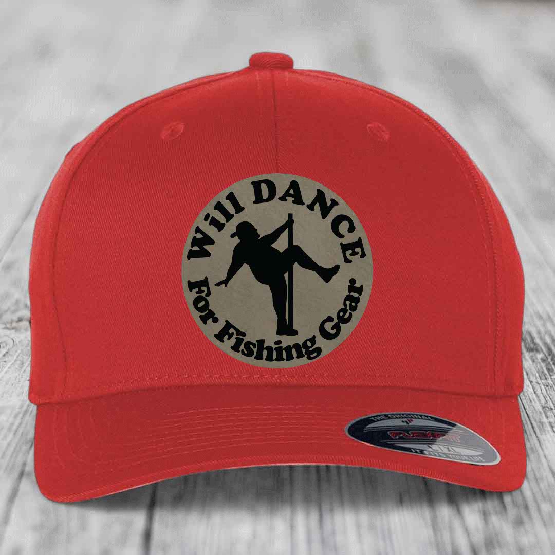 Red baseball cap with circular patch reading &