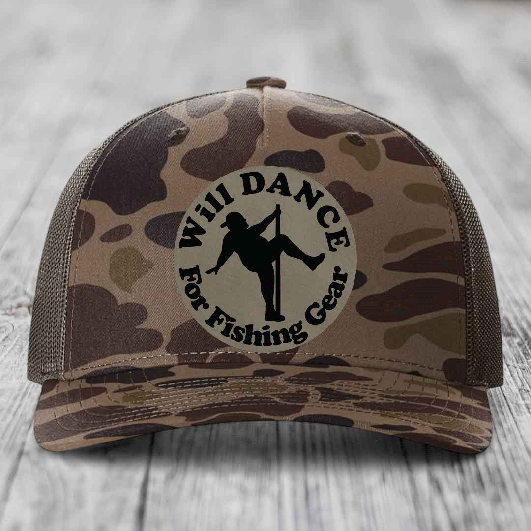 Camouflage trucker hat with circular patch reading &