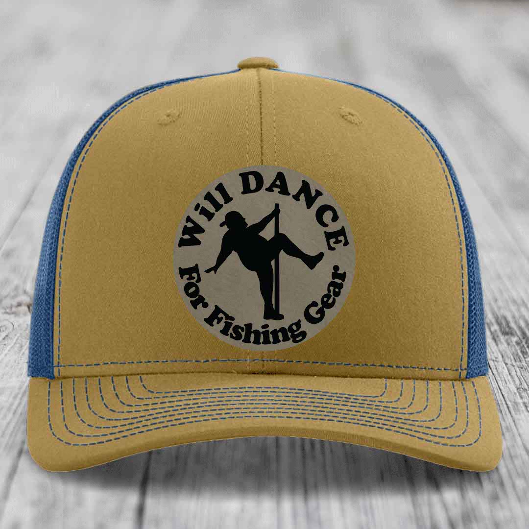 Tan and blue trucker hat with circular patch reading &