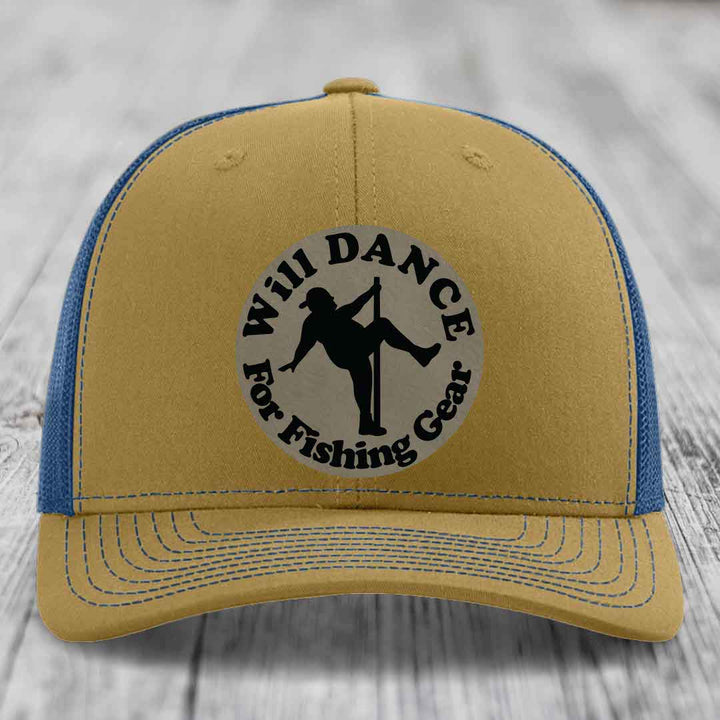 Tan and blue trucker hat with circular patch reading &